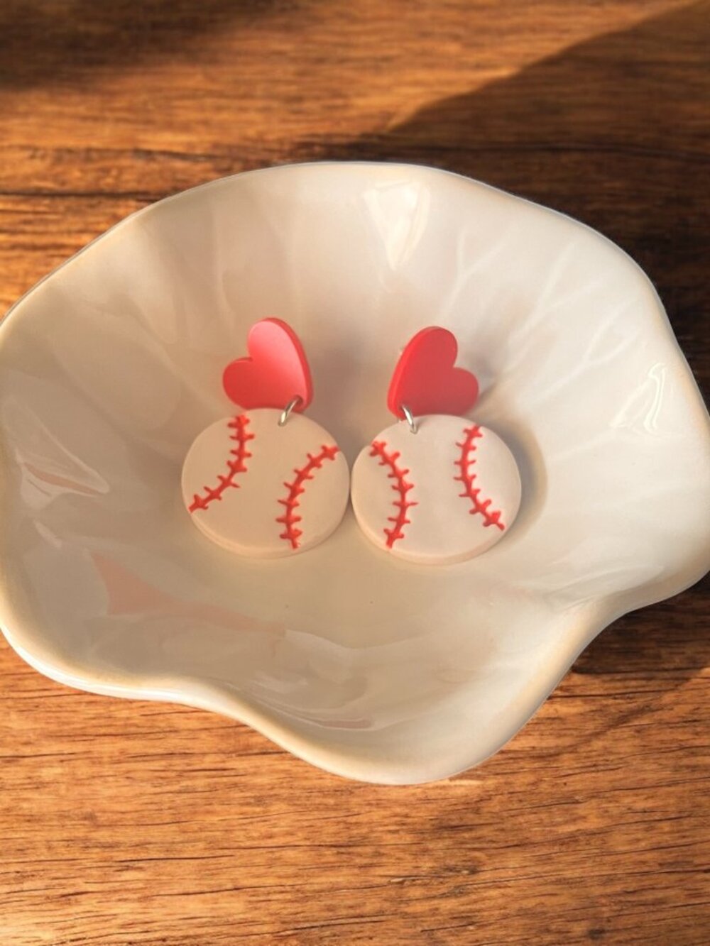 Baseball earrings with heart finding- Polymer clay